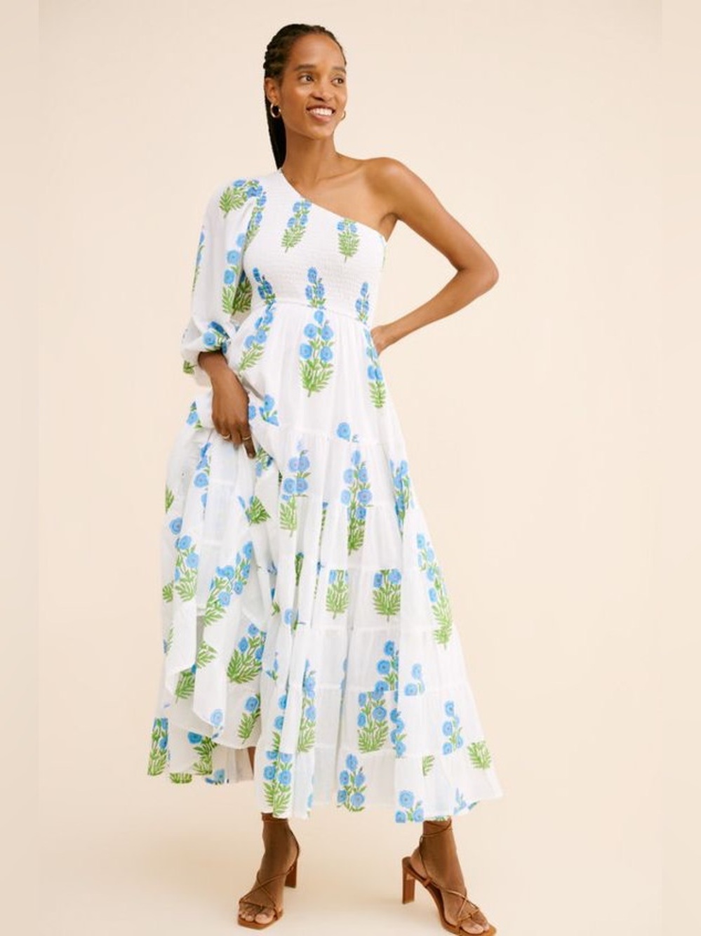 SZ Blockprints Athena white floral one shoulder maxi dress